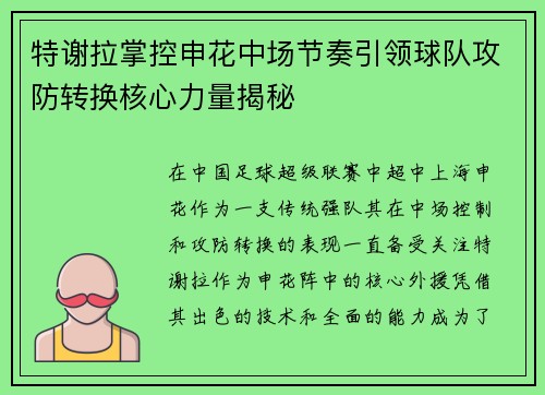 特谢拉掌控申花中场节奏引领球队攻防转换核心力量揭秘 特谢拉掌控申花中场节奏引领球队攻防转换核心力量揭秘