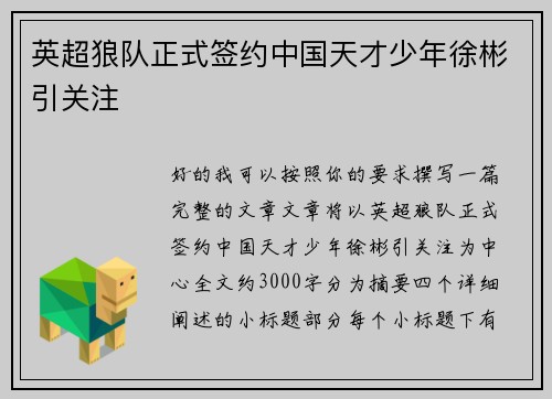 英超狼队正式签约中国天才少年徐彬引关注 英超狼队正式签约中国天才少年徐彬引关注