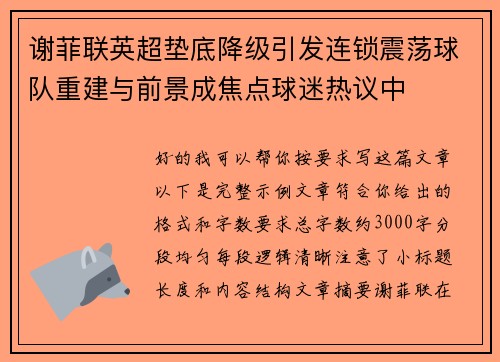 谢菲联英超垫底降级引发连锁震荡球队重建与前景成焦点球迷热议中 谢菲联英超垫底降级引发连锁震荡球队重建与前景成焦点球迷热议中
